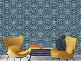 Vintage Non-Woven Photo Wallpaper Accent Wall Mural "Vintage Lotus Ornament on Dark Blue Background"