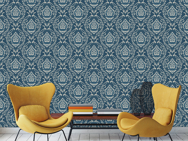 Vintage Non-Woven Photo Wallpaper Accent Wall Mural "Vintage Lotus Ornament on Dark Blue Background"