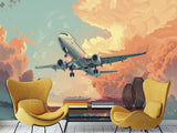 Vinyl Wallpaper Peel and Stick Comic Style Print Mural For Bedroom, Kids Room "Airplane Flying Through the Evening Sky"