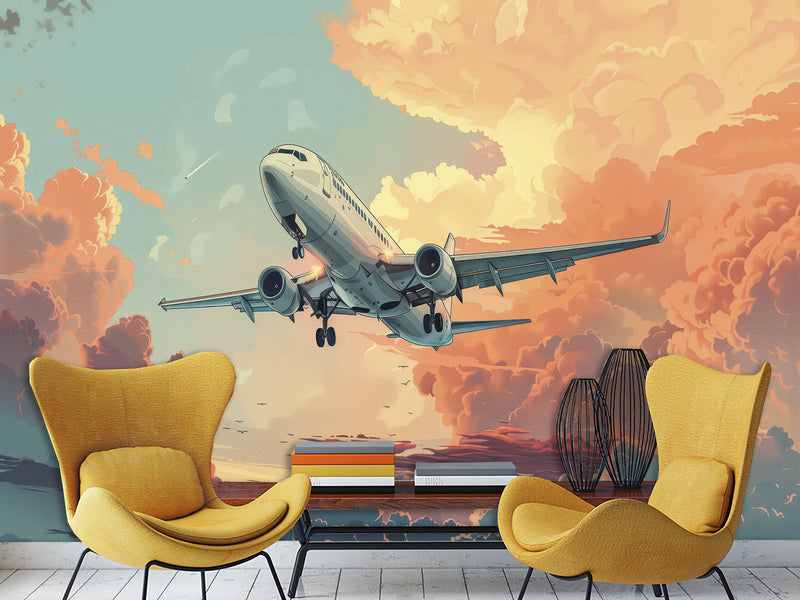 Vinyl Wallpaper Peel and Stick Comic Style Print Mural For Bedroom, Kids Room "Airplane Flying Through the Evening Sky"