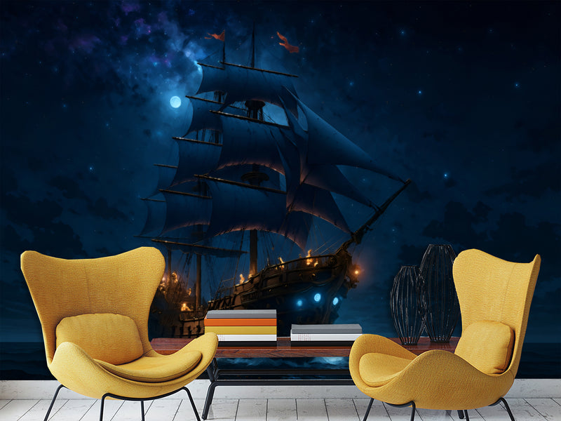 Sea Print Peel and Stick Wall Mural for Office, Living Room, Hall "Ship in the Moonlit Night" 🌙