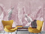 Tropical Pastel Botanical Print Peel and Stick Mural “Parrots in Palm Leaves” – Perfect for Decorating Bedrooms and Living Rooms