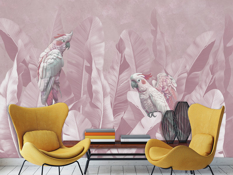 Tropical Pastel Botanical Print Peel and Stick Mural “Parrots in Palm Leaves” – Perfect for Decorating Bedrooms and Living Rooms