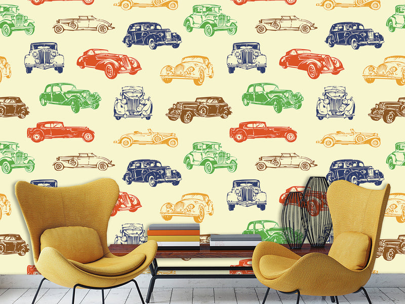 Non-Woven Photo Wallpaper Multicolored Vintage Cars – Colorful Accent for Office or Living Space