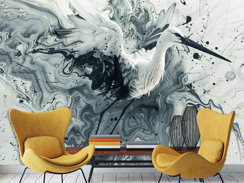 Full-Wall Peel and Stick Wallpaper – Art Print "Dance of the Stork in Abstraction" Mural for Office, Study, or Living Room