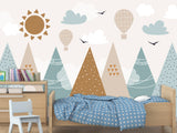 Self-Adhesive Wallpaper In Soft Colors For Kids Room "Balloon Flight Over The Mountains" Design For Playroom