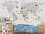 Peel and Stick Vinyl Wallpaper Minimalist Kids' World Map Mural in Grey – Wall Mural for Children’s Room