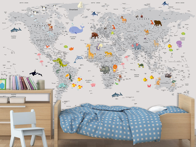 Peel and Stick Vinyl Wallpaper Minimalist Kids' World Map Mural in Grey – Wall Mural for Children’s Room