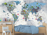 Full Wall Print For Kids Room – Peel and Stick Vinyl Mural Kids World Map With Animals