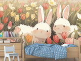 Vinyl Wallpaper Peel and Stick Mural for Kids' Room, Playroom, or Relaxation Area – "Bunnies in a Flower Field"