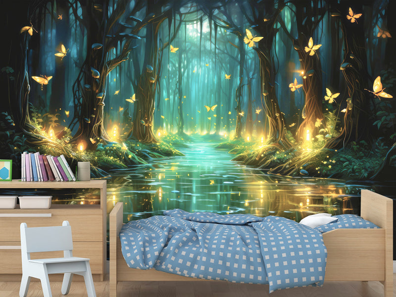 Non-Woven Magical Forest Wall Mural Peel & Stick Kids Room Wallpaper