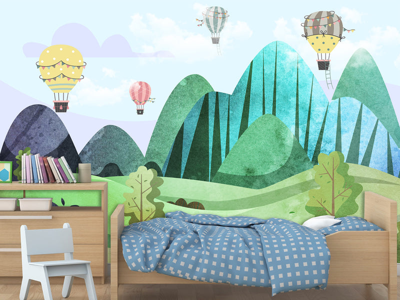 Traditional Full Wall Mural for Nursery or Kids Room Hot Air Balloon Forest Wallpaper