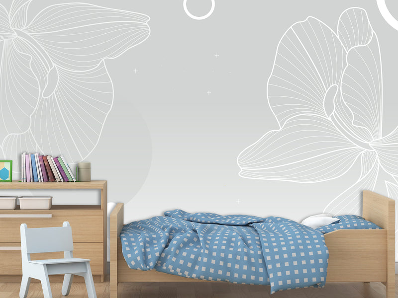 Modern Minimalist Style Non-Woven Wallpaper – "Flower Outline on Gray Background", Perfect for Bedroom or Living Room Desing