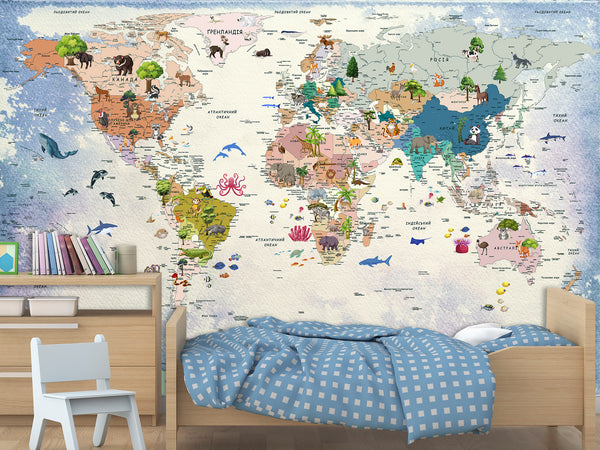 Decor for Kids room, Peel and Stick Oracal film with the pattern “Kids map of the world”