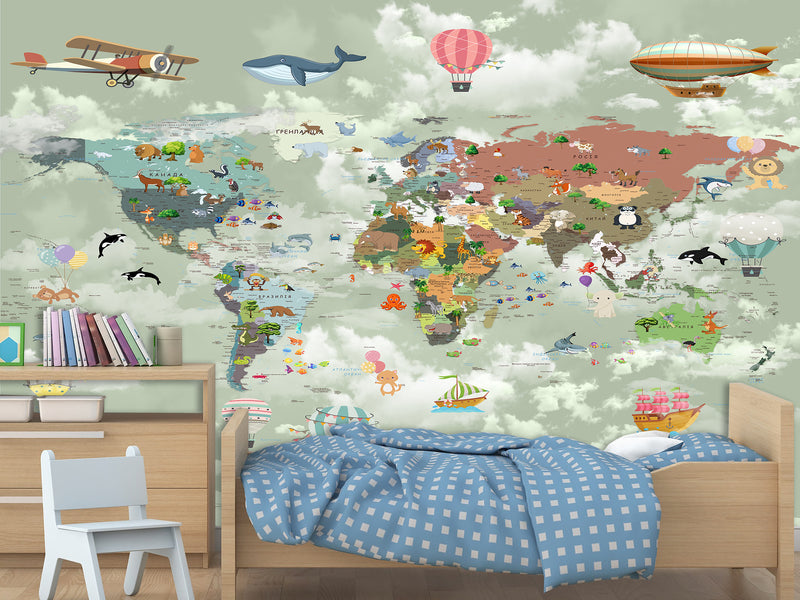 Decor for Kids room, Peel and Stick Oracal film with the pattern “Kids map of the world”