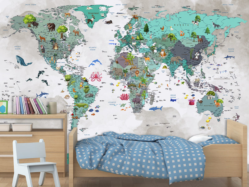 Non-Woven Wallpaper Full Wall Mural Kids World Map Wallpaper – Educational & Colorful Wall Decor