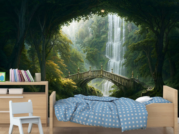 Kids’ wallpaper, creative design Peel and Stick mural for children’s room, art print "Elven Forest with Bridge" 🌿🧚