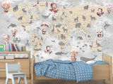 Decor for Kids room, Non-Woven Mural Wall-Sized Wallpaper "Kids' World Map With Hidden Animals"