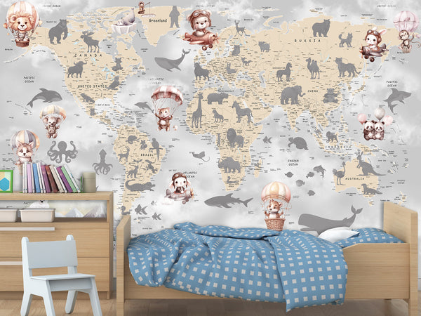 Decor for Kids room, Non-Woven Mural Wall-Sized Wallpaper "Kids' World Map With Hidden Animals"