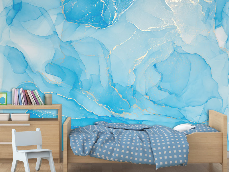 Vinyl Wallpaper Peel and Stick Abstract Wallpaper for Apartment Design Full-Wall Mural for Living Room and Hall "Intertwining of Blue and Gold" ✨