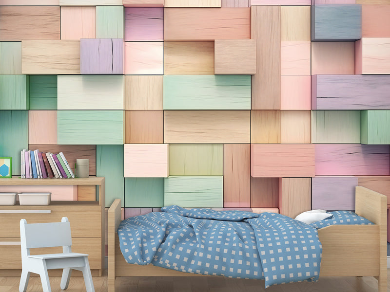 Calm Tone Wallpapers – Non-Woven Wall Murals, 3D Abstract Wallpaper "Colorful Wooden Cubes", Decor for Bedroom, Living Room, Kids' Room