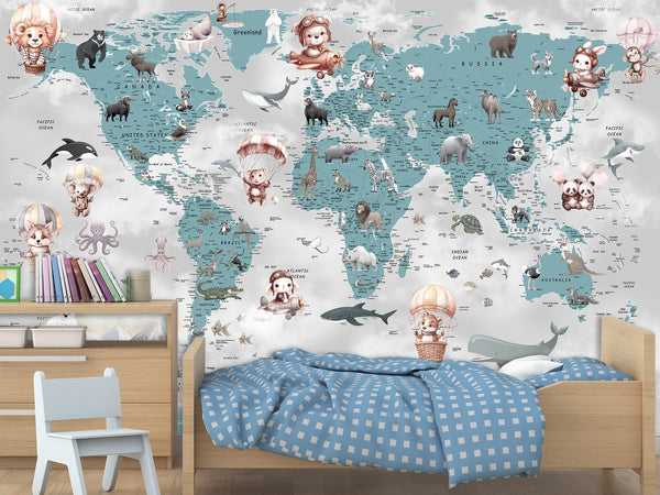 Decor for Kids room, Peel and Stick Vinyl with the pattern "Fun Educational World Map For Kids"