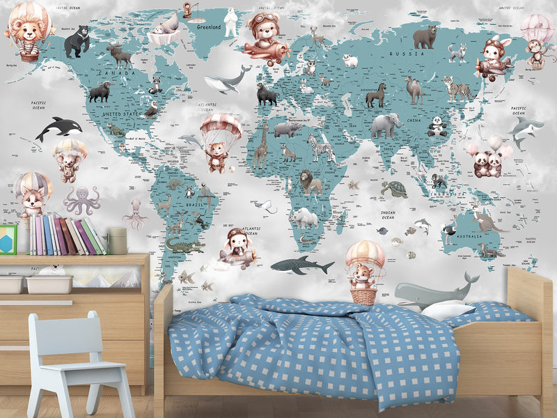 Decor for Kids room, Peel and Stick Vinyl with the pattern "Fun Educational World Map For Kids"