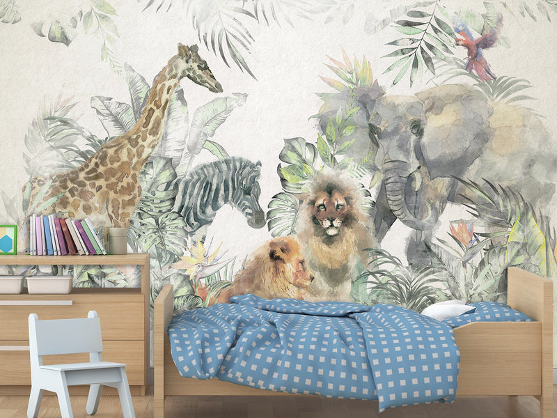 Peel and Stick Vinyl Wallpaper Kids Wall Mural – African Safari Animals Full Wall Mural Print