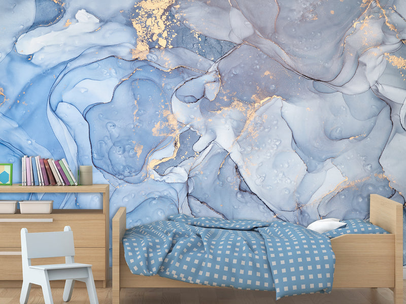 Peel and Stick Wallpaper Design For Lounge Area Or Home Office Mural “Gold And Blue Abstract Swirls”