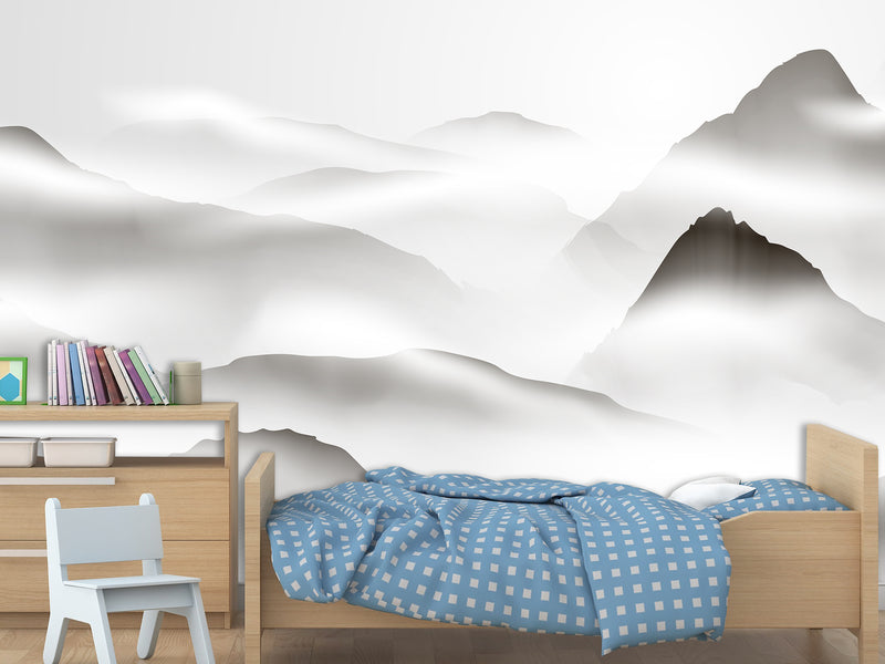 Natural Wall Mural, Calm Tones for Hall or Living Room, Non-Woven Full Wall Mural "Silhouettes of Mountains in Clouds" 🌄