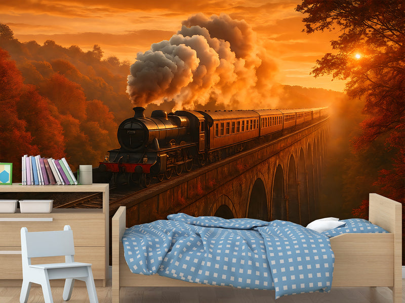Print For Room Modern Design Self-Adhesive Wallpapers For Whole Wall Design For Bedroom Living Room "Train In Autumn Glow"