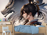 Traditional Anime-Style Wall Mural – "Samurai Girl" for Office or Living Room, Non-Woven Wallpaper