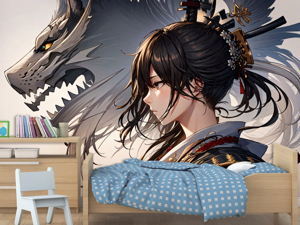Traditional Anime-Style Wall Mural – "Samurai Girl" for Office or Living Room, Non-Woven Wallpaper