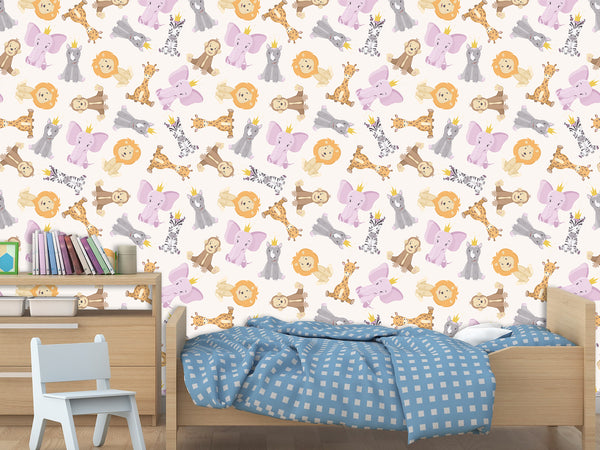 Baby Savannah Animals Self-Adhesive Wallpaper For Kids Room, Print With Lions, Elephants, Giraffes, And Monkeys