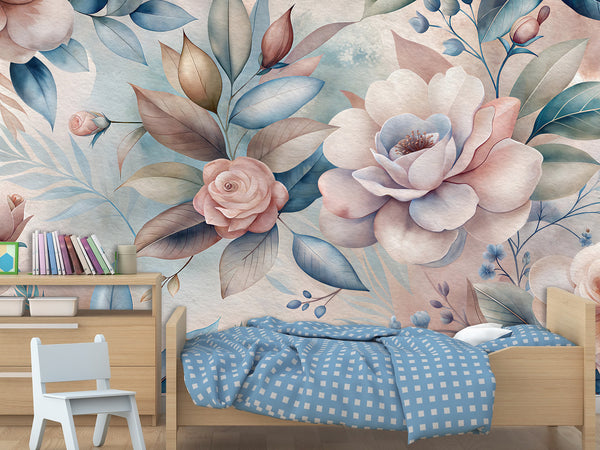 Vintage Soft Floral Print – Non-woven Photo Wallpaper for Living Room or Lounge Area, Wall Art Mural– "Watercolor Peonies and Roses "