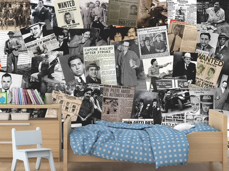 Peel and Stick Mural for Gym, Living Room, Workshop – "Gangsters and Mafia" Vintage-style Wallpaper Featuring Images of Crime Bosses