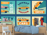 Non-Woven Photo Wallpaper Stylish Retro Car Collage for Office, Living Room, or Gym
