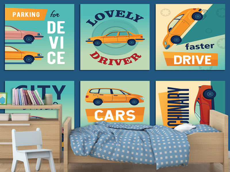 Non-Woven Photo Wallpaper Stylish Retro Car Collage for Office, Living Room, or Gym