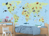 Self-Adhesive Kids' Wall Mural Full Size – Green World Map Design on Sky Blue Background