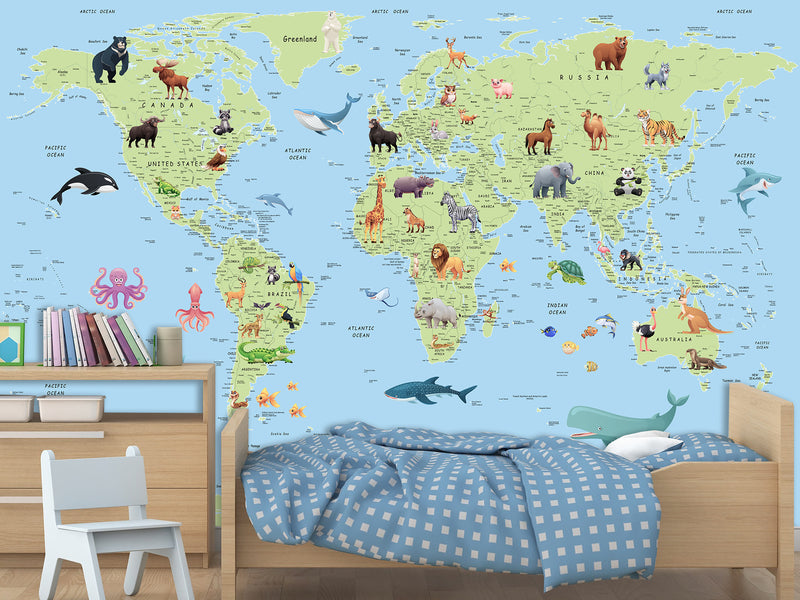 Self-Adhesive Kids' Wall Mural Full Size – Green World Map Design on Sky Blue Background