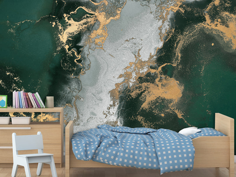 Art Print Accent Wall Self-Adhesive Wallpaper "Gray-Green Abstract Marble" – Decor for Bedroom, Living Room, Office