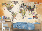 Non-Woven Mural 3D Effect Kids' World Map Wallpaper with Dinosaurs – Wall Mural for Children’s Room