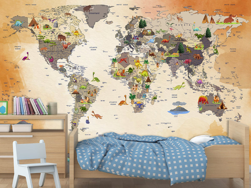 Non-Woven Mural 3D Effect Kids' World Map Wallpaper with Dinosaurs – Wall Mural for Children’s Room