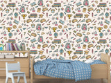 Modern Non-Woven Wallpaper — Educational School Wallpaper for Kids "Backpacks, Globes, and Books Print"