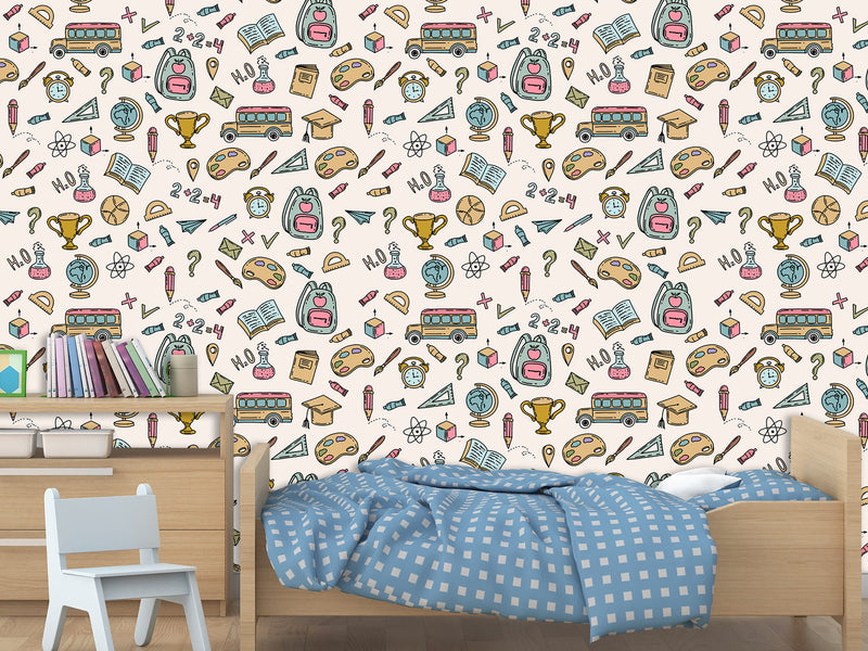 Modern Non-Woven Wallpaper — Educational School Wallpaper for Kids "Backpacks, Globes, and Books Print"