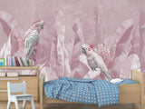 Tropical Pastel Botanical Print Peel and Stick Mural “Parrots in Palm Leaves” – Perfect for Decorating Bedrooms and Living Rooms