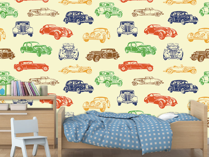 Non-Woven Photo Wallpaper Multicolored Vintage Cars – Colorful Accent for Office or Living Space