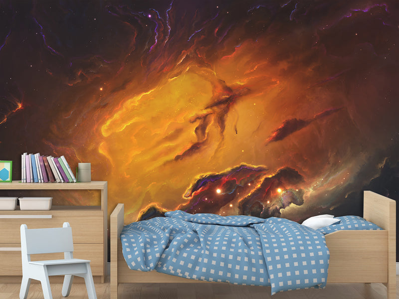 Peel and Stick Wallpaper Orange Nebula – Full Wall Wallpaper for Stylish Bedroom or Home Decor