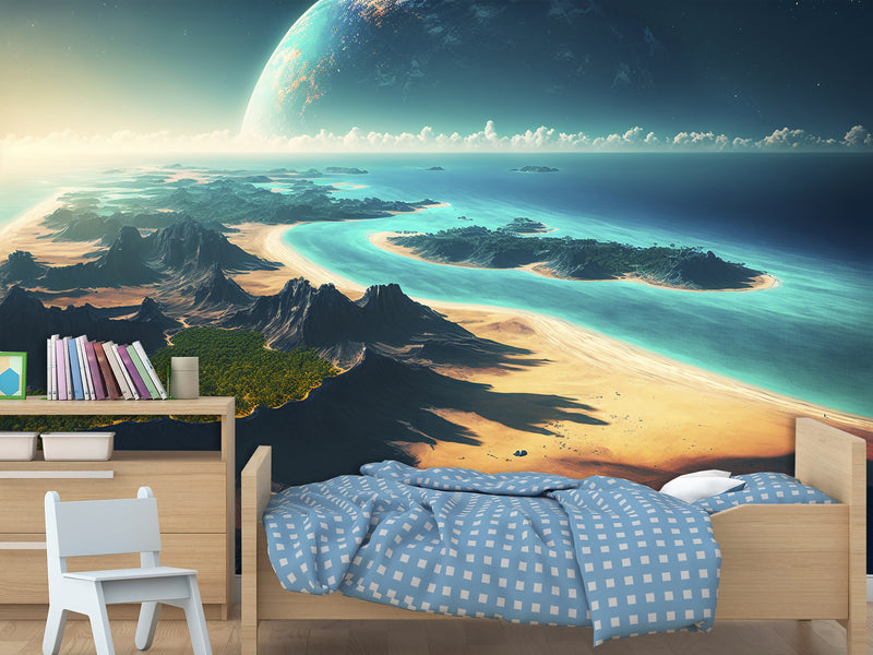 Fantastic Non-Woven Wall Murals “View of an Incredible Planet from the Beach” – Perfect for Bedroom or Living Room Design