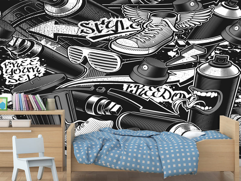 Comic Style Print High-Quality Vinyl Wallpaper Peel and Stick For Wall For Teen Room Studio "Black And White Graffiti"